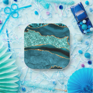 Blauwgroen Blauw Goud Marmer Aqua Turquoise Papier Papieren Bordje
