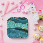 Blauwgroen Blauw Goud Marmer Aqua Turquoise Papier Papieren Bordje (Feest)