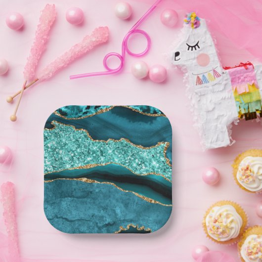 Blauwgroen Blauw Goud Marmer Aqua Turquoise Papier Papieren Bordje (Feest)