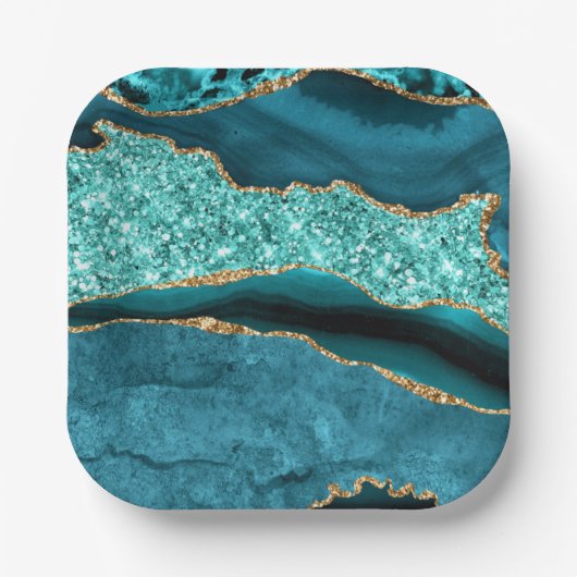 Blauwgroen Blauw Goud Marmer Aqua Turquoise Papier Papieren Bordje (Voorkant)