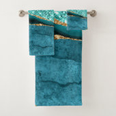 Blauwgroen Blauw Goud Marmer Custom Jouw naam Badh Bad Handdoek (Insitu)