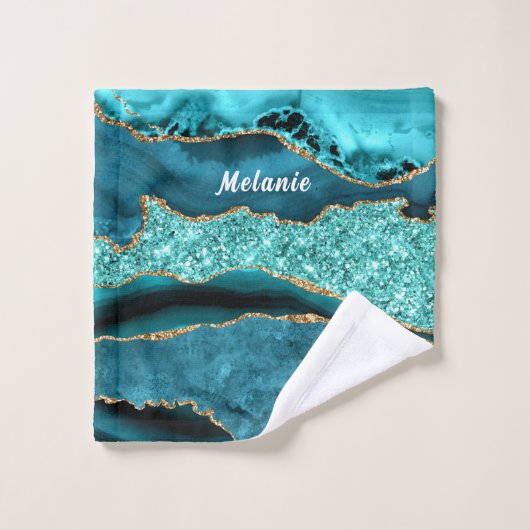Blauwgroen Blauw Goud Marmer Custom Jouw naam Badh Bad Handdoek (Wasdoekje)