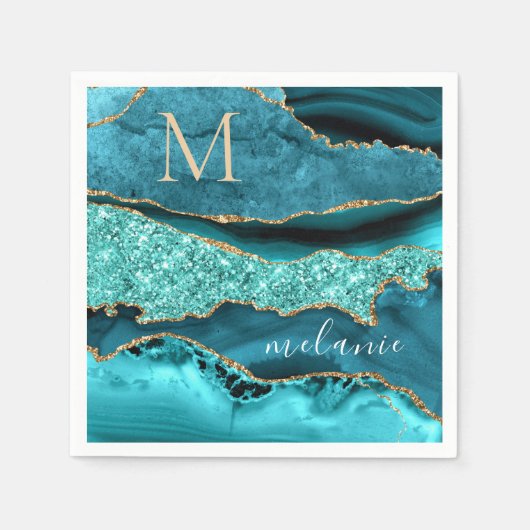 Blauwgroen Blauw Goud Marmer Custom Letter Naam Se Servet (Voorkant)