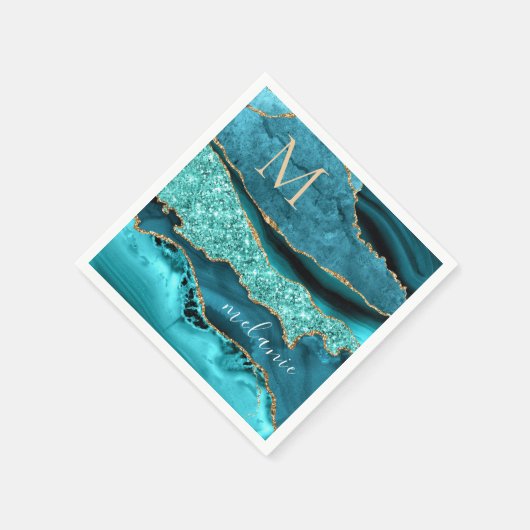 Blauwgroen Blauw Goud Marmer Custom Letter Naam Se Servet (Hoek)