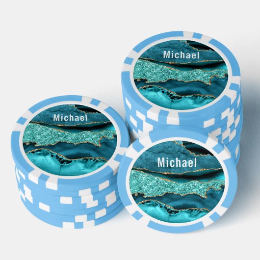 Blauwgroen Blauw Goud Marmer Custom Name Poker Chi Poker Chips (Opstapeling)