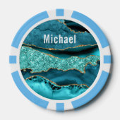 Blauwgroen Blauw Goud Marmer Custom Name Poker Chi Poker Chips (Voorkant)