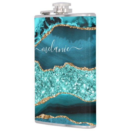Blauwgroen Blauw Goud Marmer Turquoise Custom Naam Heupfles (Links)
