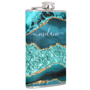 Blauwgroen Blauw Goud Marmer Turquoise Custom Naam Heupfles