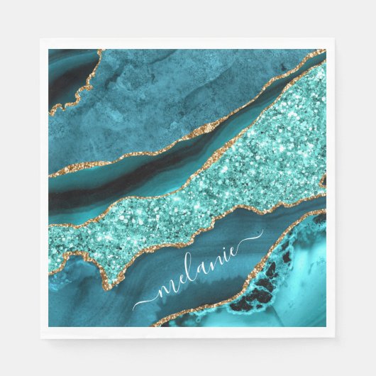 Blauwgroen Blauw Goud Marmer Turquoise Jouw naam S Servet (Voorkant)