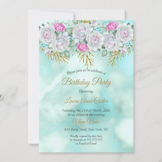  Blauwgroen blauw goud - roze Birthday Party Kaart (Voorkant)