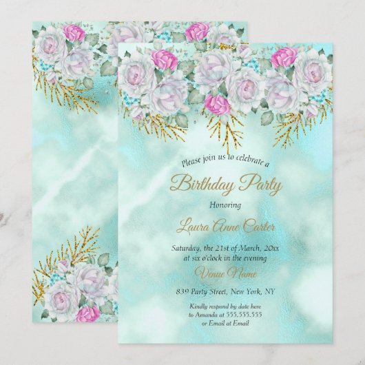 Blauwgroen blauw goud - roze Birthday Party Kaart (Voorkant / Achterkant)