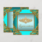 Blauwgroen Blauw Goud Tiara Quinceanera Kaart (Voorkant / Achterkant)