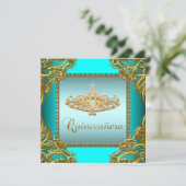 Blauwgroen Blauw Goud Tiara Quinceanera Kaart (Staand voorkant)
