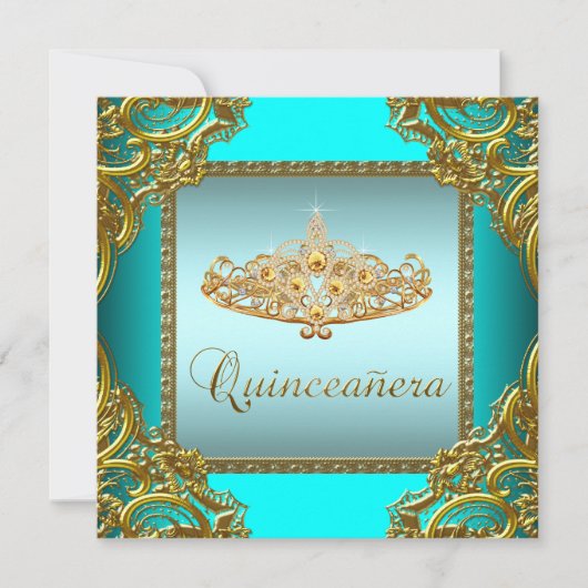 Blauwgroen Blauw Goud Tiara Quinceanera Kaart (Voorkant)