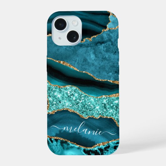 Blauwgroen Blauw Goud Turquoise Jouw naam iPhone C 15 Case (Achterkant)