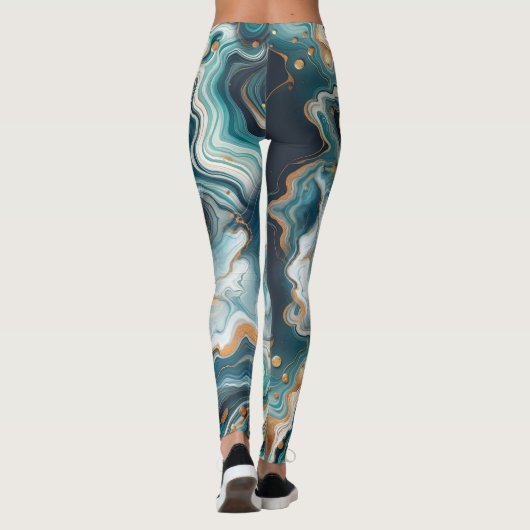 Blauwgroen Blauw Goud Wit Modern Marmer Agaat Brui Leggings (Achterkant)