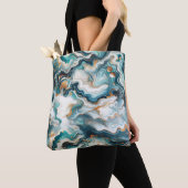 Blauwgroen Blauw Goud Wit Modern Marmeren Agaat Tote Bag (Dichtbij)