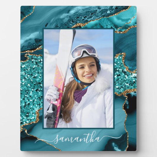 Blauwgroen Blauw Gouden Glitter Agaat Elegante Naa Fotoplaat (Voorkant)