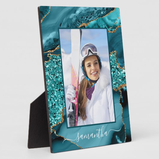 Blauwgroen Blauw Gouden Glitter Agaat Elegante Naa Fotoplaat (Zijkant)