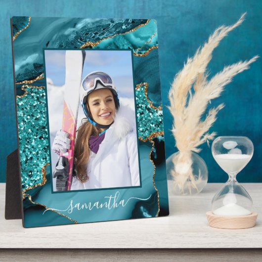 Blauwgroen Blauw Gouden Glitter Agaat Elegante Naa Fotoplaat (Zijkant)