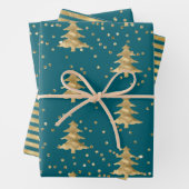 Blauwgroen Blauw Gouden Kerstboom Stripes Sparkle Inpakpapier Vel (In situ)