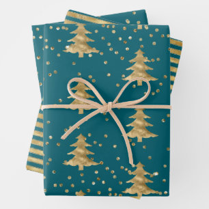 Blauwgroen Blauw Gouden Kerstboom Stripes Sparkle Inpakpapier Vel