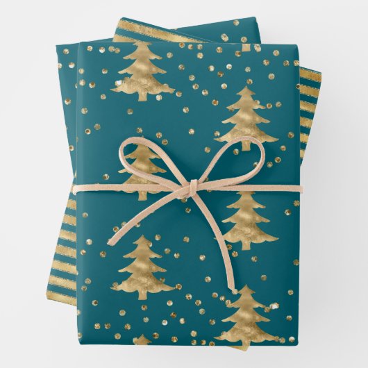 Blauwgroen Blauw Gouden Kerstboom Stripes Sparkle Inpakpapier Vel (In situ)