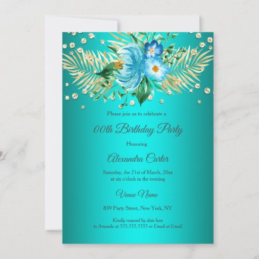 Blauwgroen blauw goudpalm Birthday Party Kaart (Voorkant)