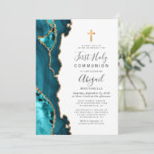 Blauwgroen blauw grijs goud Glitter First Heilige Kaart (Staand voorkant)