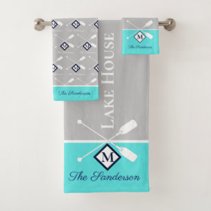 Blauwgroen blauw grijs monogram meer Nautisch Bad Handdoek