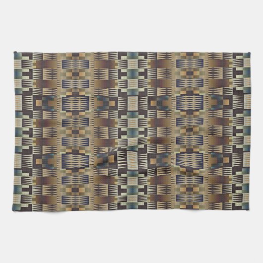 Blauwgroen Blauw Grijs Tan Taupe Bruin Tribal Art  Theedoek (Horizontaal)