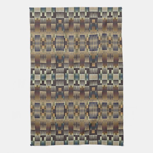 Blauwgroen Blauw Grijs Tan Taupe Bruin Tribal Art  Theedoek (Verticaal)