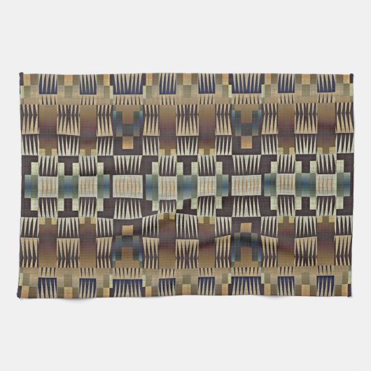 Blauwgroen Blauw Grijs Tan Taupe Bruin Tribal Art  Theedoek (Horizontaal)