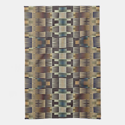 Blauwgroen Blauw Grijs Tan Taupe Bruin Tribal Art  Theedoek (Verticaal)