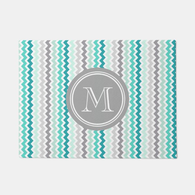 Blauwgroen blauw grijze Chevron Gray Monogram Door Deurmat (Voorkant)