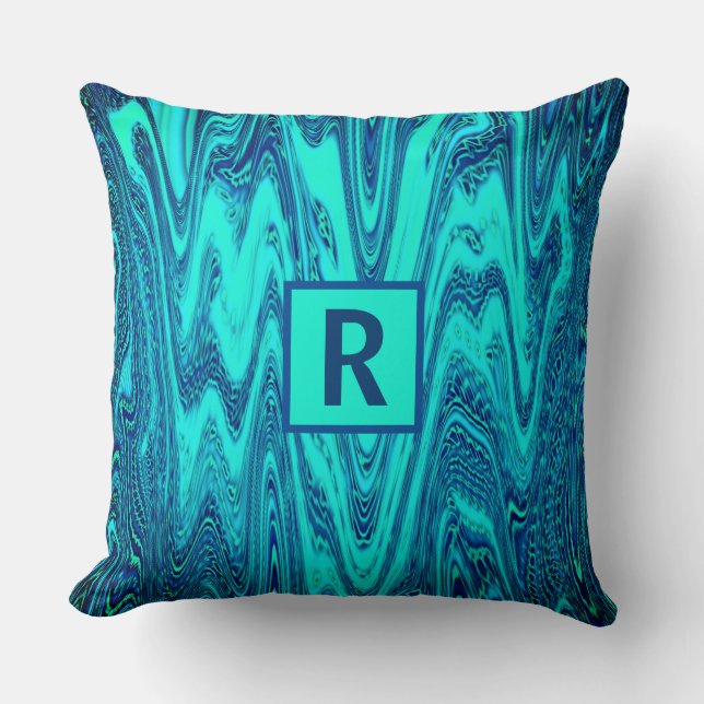 Blauwgroen Blauw Groen Abstract Monogram Initiaal  Kussen (Voorkant)