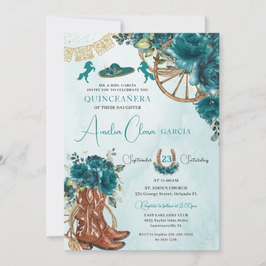 Blauwgroen Blauw Groen Bloemen Charro Western Quin Kaart (Voorkant)