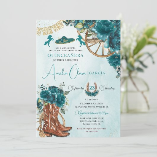 Blauwgroen Blauw Groen Bloemen Charro Western Quin Kaart (Staand voorkant)