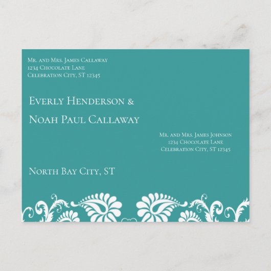 Blauwgroen Blauw Groen Damask Aqua Verander Kleur Aankondigingskaart (Achterkant)