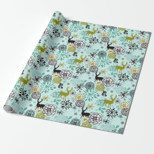 Blauwgroen blauw groen flesje en deer art pattern cadeaupapier (Uitgerold)