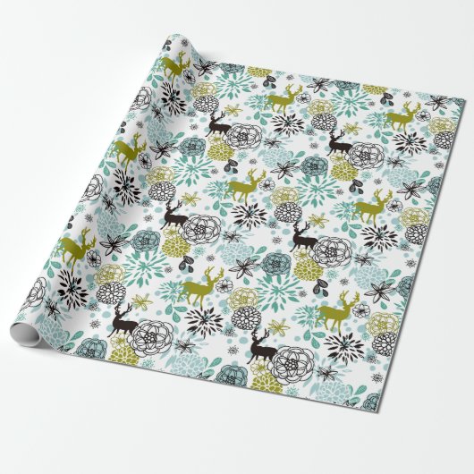 Blauwgroen blauw groen flesje en deer art pattern cadeaupapier (Uitgerold)