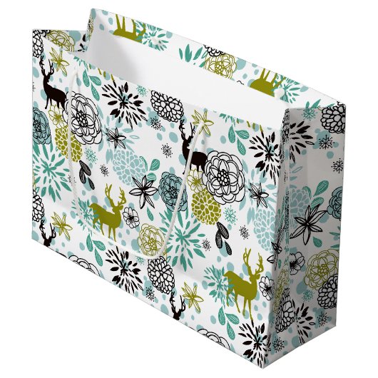 Blauwgroen blauw groen flesje en deer art pattern groot cadeauzakje (Voorkant Gekanteld)