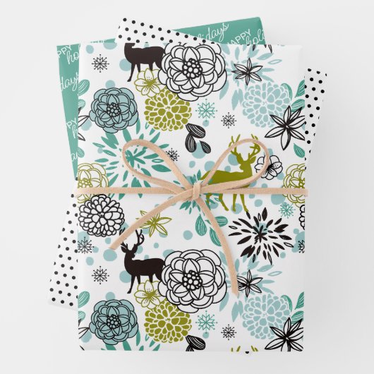 Blauwgroen blauw groen flesje en deer art pattern inpakpapier vel (In situ)