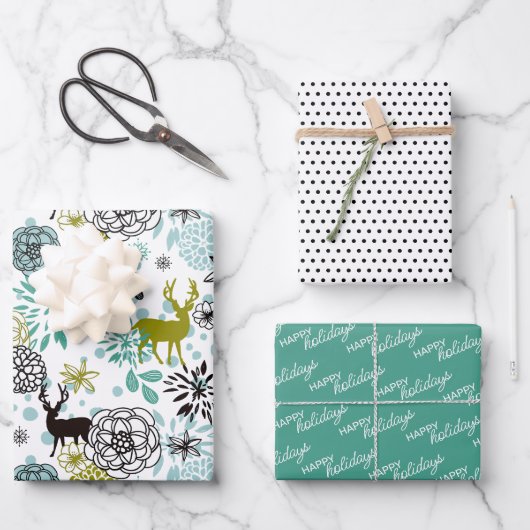 Blauwgroen blauw groen flesje en deer art pattern inpakpapier vel (Voorkant)