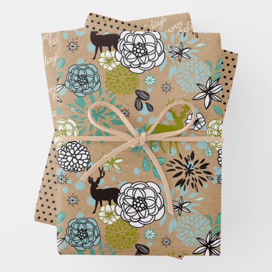 Blauwgroen blauw groen flesje en deer art pattern inpakpapier vel (In situ)