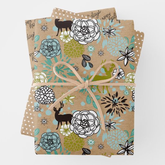 Blauwgroen blauw groen flesje en deer art pattern inpakpapier vel (In situ)