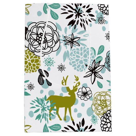Blauwgroen blauw groen flesje en deer art pattern medium cadeauzakje (Voorkant)
