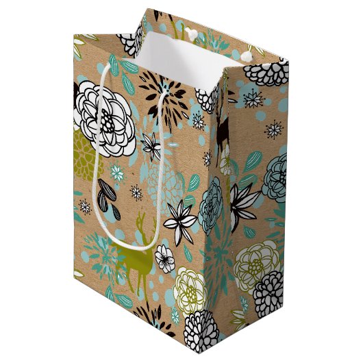 Blauwgroen blauw groen flesje en deer art pattern medium cadeauzakje (Voorkant Gekanteld)