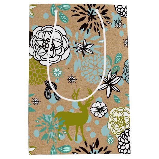 Blauwgroen blauw groen flesje en deer art pattern medium cadeauzakje (Voorkant)