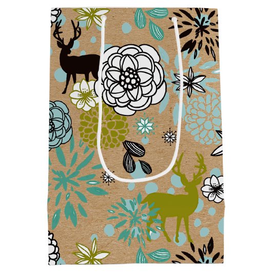 Blauwgroen blauw groen flesje en deer art pattern medium cadeauzakje (Achterkant)